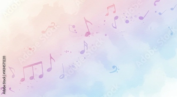 Fototapeta Pastel Music Notes Watercolor Background - Soft pastel colors, watercolor texture, floating music notes, dreamy atmosphere, peaceful soundscape. Symbolizes serenity, creativity, melody, harmony