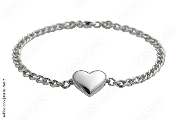 Fototapeta Silver chain bracelet with a heart charm isolated transparent background,Elegant Sterling Silver Heart Locket Bracelet Isolated on White for Jewelry Concepts: Chain Bracelet with Heart Pendant Imagery