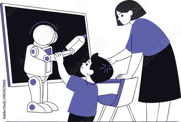 Fototapeta Child Drawing Robot on Blackboard with Teacher Guidance