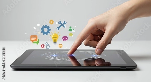 Fototapeta Finger Touching a Digital Tablet Displaying Tech Icons like Gear Wrench and Lightbulb Surrounded by Chat Bubbles Isolated on White Background