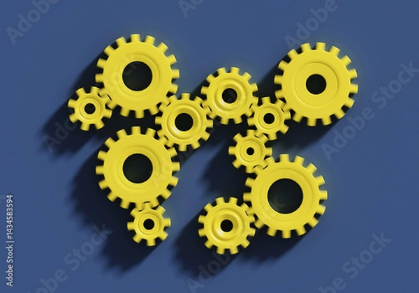 Obraz Many yellow connecting gear cogs of different sizes and in motion isolated on blue background; flat lay, close up, top view, copy space; 3d rendering, 3dillustration