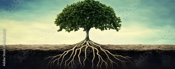 Fototapeta A striking view of a tree with expansive roots, symbolizing growth and stability. The blend of earth and sky creates a harmonious backdrop showcasing nature's beauty.