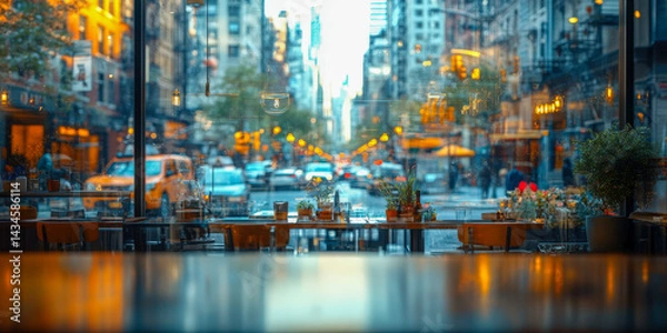Fototapeta Empty cafe window reflection showing a vibrant city street on a summer day with colorful lights and outdoor seating