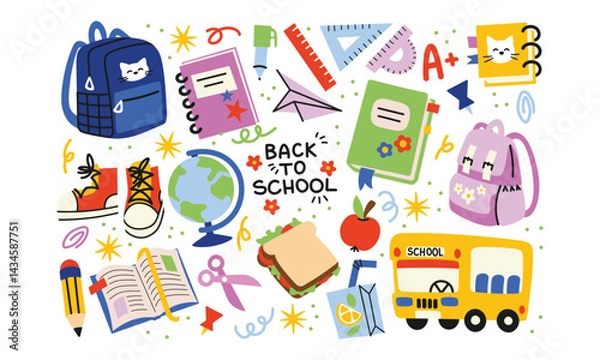 Obraz 90s Retro Back-to-School Stickers. Trendy student characters, school supplies, and study essentials. Groovy university-themed patches and labels in nostalgic style.