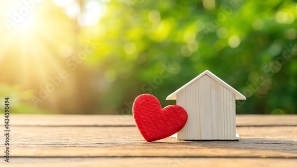 Fototapeta Home is Where the Heart Is: A miniature house and a heart symbol placed on a wooden surface, conveying a sense of warmth, security, and the importance of home and love in a tranquil setting.