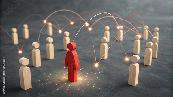 Fototapeta Leadership and Connectivity: A striking illustration of a singular, vivid red figure at the center, radiating connection as it links to numerous others.