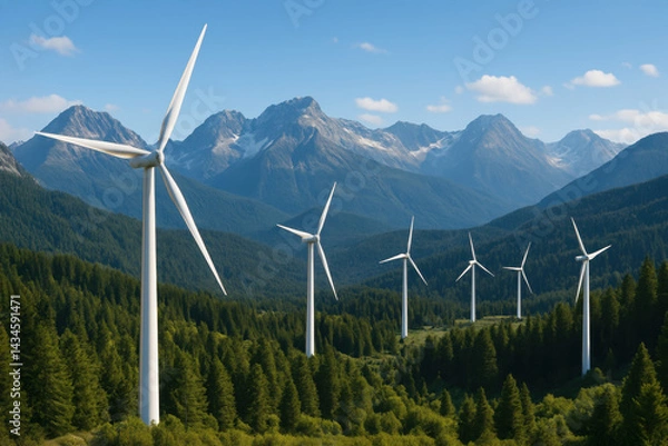 Fototapeta Scenic Mountain Wind Turbines: Harnessing Renewable Energy Amidst Nature's Landscape for Sustainable Development