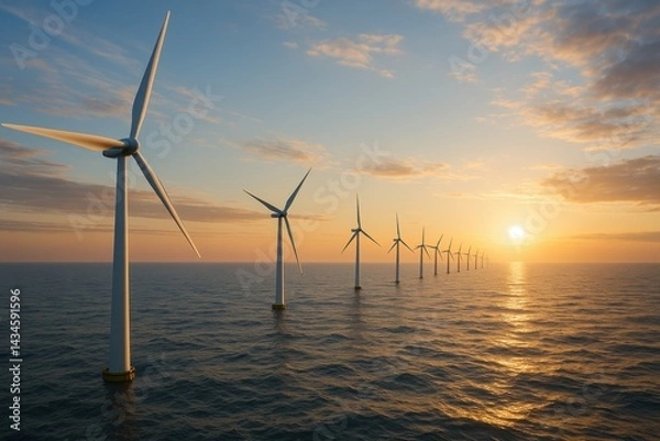 Fototapeta Offshore Wind Turbines at Sunset: Renewable Energy and Clean Technology in Coastal Scenery