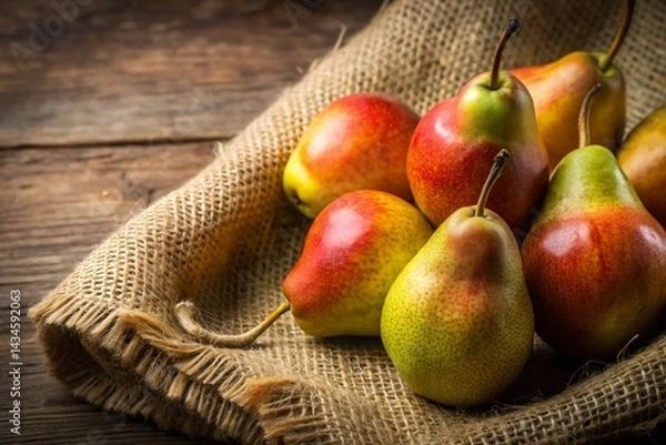 Fototapeta Elegant Pear Set Still Life:  Jute Background, Polished Fruit, Copy Space