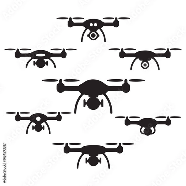 Fototapeta AI Drone Silhouettes – Solid Black Futuristic Vector Icons on White Background

