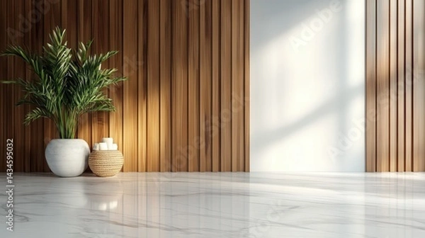 Fototapeta A sleek and minimalist space showcasing natural light, elegant wooden details, and decorative potted plants, fostering a calming and inspirational environment for creativity.