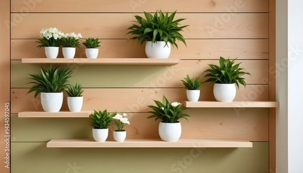 Fototapeta A beautifully arranged display of various potted plants on wooden shelves against a wall.