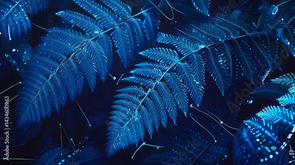 Fototapeta Futuristic electric blue fern print with circuit patterns, cyberpunk style. Starroot Fern. Illustration