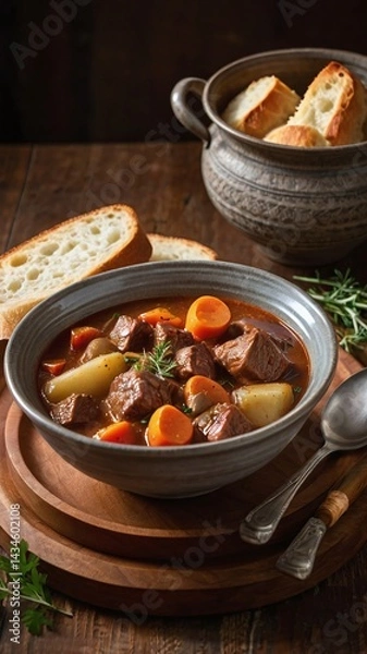 Fototapeta Hearty Beef stew in bowl on table with bread