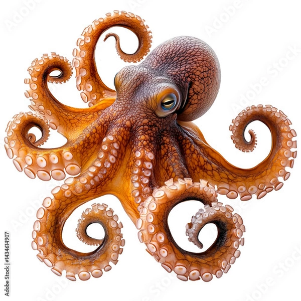 Fototapeta Realistic octopus isolated on a transparent background. Detailed marine animal with curled tentacles and suction cups, representing ocean wildlife and deep-sea creatures.