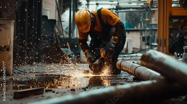 Obraz Worker Using Angle Grinder in Industrial Setting