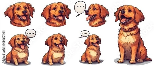 Obraz Adorable cartoon golden retrievers in various poses and sizes, some with speech bubbles