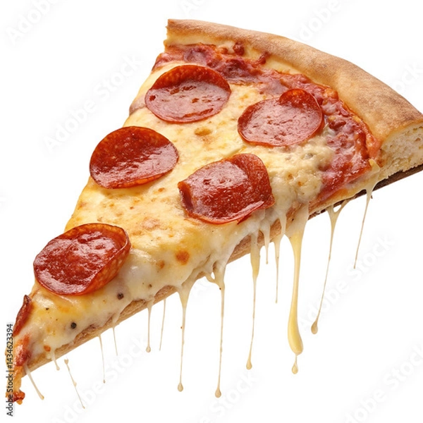 Fototapeta slice of pepperoni pizza with gooey melted cheese, savory toppings, and a golden crust, isolated on a transparent background.