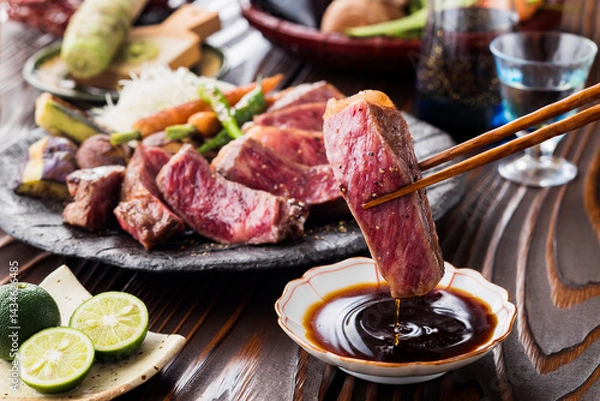 Fototapeta 【和牛サーロインステーキ】 和牛サーロインを焼き目香ばしく赤身は残したレアに仕上げました。