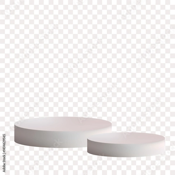 Fototapeta Two white cylindrical podiums of different heights are elegantly placed on a transparent background, casting soft shadows. Their laconic design and arrangement create a dynamic composition for showcas