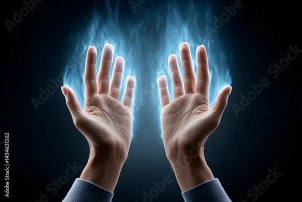 Fototapeta Ethereal Power: A pair of hands outstretched, enveloped in an ethereal blue flame, symbolizing magical energy, spiritual power, and mystical energy.