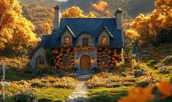 Obraz Charming stone cottage nestled in autumnal woods, surrounded by vibrant flowers and foliage, bathed in warm sunlight