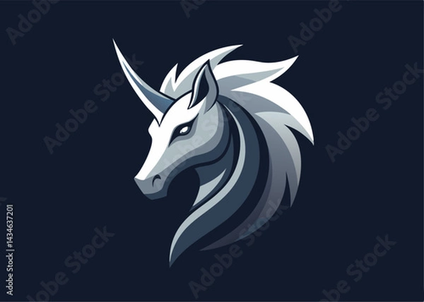 Fototapeta Mystical Unicorn Emblem: A striking illustration of a unicorn's head, its pristine horn and flowing mane emanating a sense of magic, elegance, and strength against a captivating background.