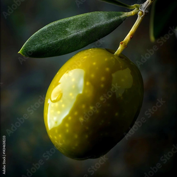 Fototapeta Close-up of a green olive on a branch with a leaf, showcasing texture and water droplets.
