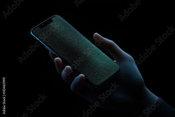 Fototapeta Illuminated Smartphone: A hand cradles a sleek smartphone against a backdrop of darkness, the device's screen casting a soft glow. It represents connectivity and technology