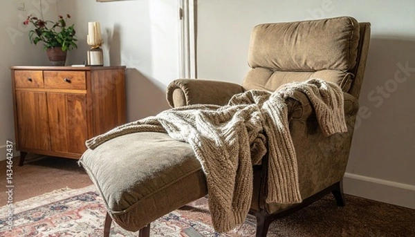 Fototapeta An old sweater draped over a recliner in an otherwise tidy living room - Loneliness