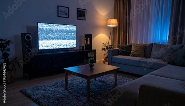 Fototapeta A dimly lit living room with the TV still on, showing static - Loneliness