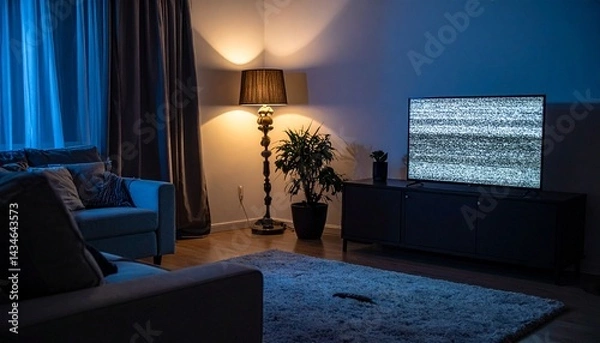 Fototapeta A dimly lit living room with the TV still on, showing static - Loneliness