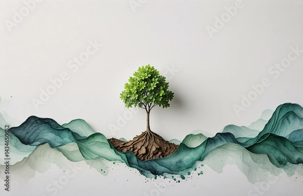 Fototapeta A small, vibrant green tree stands resiliently on a patch of earth nestled within stylized teal watercolor mountains.  The scene evokes growth, strength, and environmental harmony.