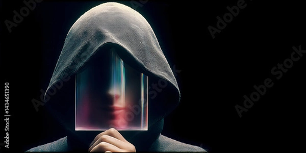 Obraz A person wearing a hooded cloak with their face obscured by a glass panel, possibly representing digital identity and anonymity