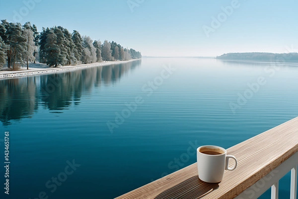 Obraz A serene lakeside scene with a cup of coffee resting on a wooden railing, with a calm lake and a distant treeline. The image captures a sense of peace and tranquility