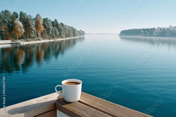 Obraz A serene lake scene, a coffee cup sits gracefully on a wooden surface. The lake extends towards the horizon, with trees line the shore