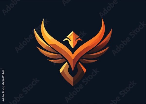 Fototapeta Phoenix Logo: A stylized, majestic phoenix, rendered in gleaming gold and orange hues against a dark backdrop, symbolizing rebirth and resilience.