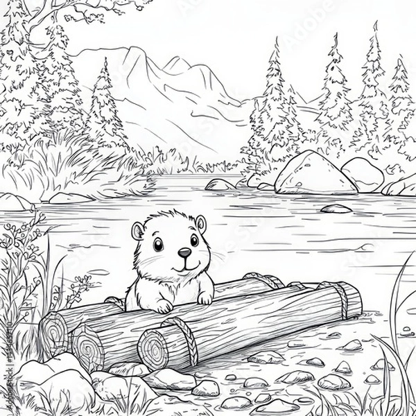 Fototapeta Cute Animal Coloring Page Featuring a Happy Beaver by a Stream
