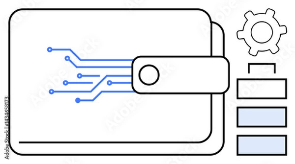 Fototapeta Wallet design with circuit lines, gear, and organizational elements. Ideal for fintech, blockchain, online payment, automation, technology innovation digital security concepts. Flat simple metaphor