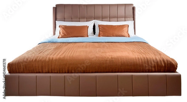 Fototapeta double bed with pillows and blanket in bronze color isolated on white background