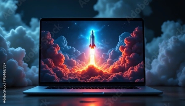 Obraz Futuristic rocket launch from a laptop screen.
