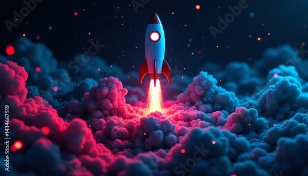 Fototapeta Rocket launching through vibrant cosmic clouds.