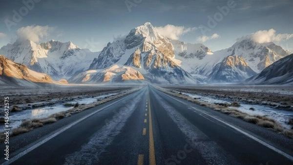 Fototapeta Snowy Mountain Highway and Sunrise