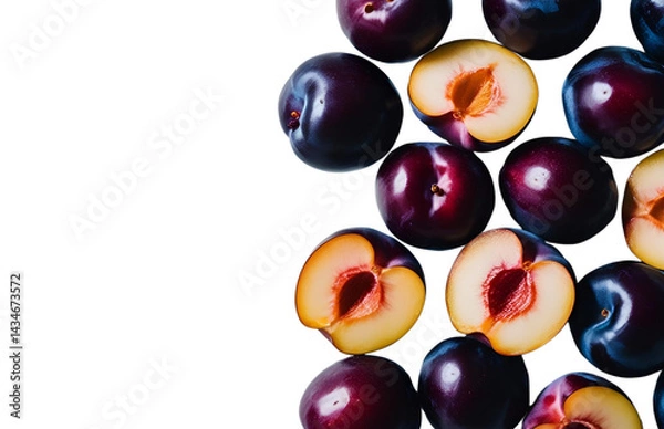 Fototapeta plums on a white background, space, half and whole