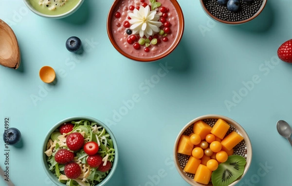 Fototapeta Bowls filled with vibrant fruit and creamy yogurt are neatly arranged on a light blue table, showcasing a fresh and healthy food concept.