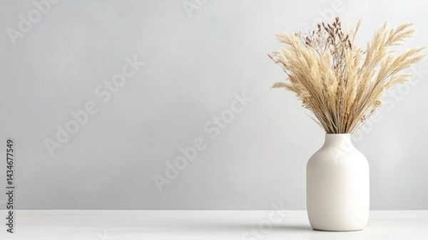 Fototapeta A white ceramic vase with dried pampas grass on a minimalist white surface, soft neutral background, and elegant home decor composition.