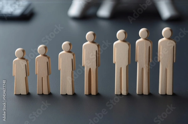 Fototapeta Line of seven wooden figures in a row, ascending in size from left to right, placed on a dark, out-of-focus surface. Simple and minimal design.