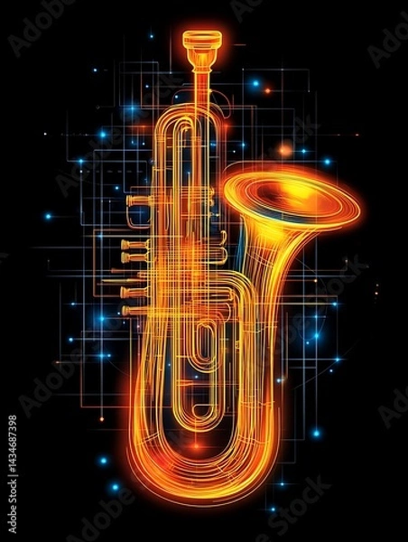 Fototapeta A glowing orange tuba within a digital network design