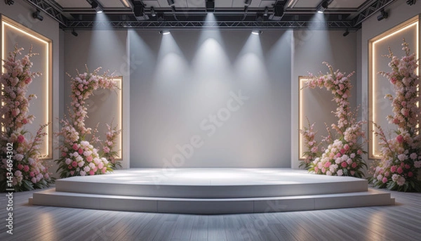 Obraz Light gray, modern podium, elegantly adorned with pink floral arrangements, set against a neutral-toned interior backdrop.  Ideal for product presentation or event staging.