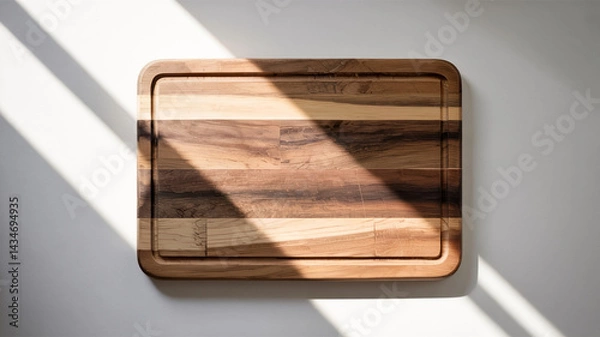 Fototapeta A rectangular wooden cutting board is bathed in sunlight, a minimalist and inviting kitchen scene.